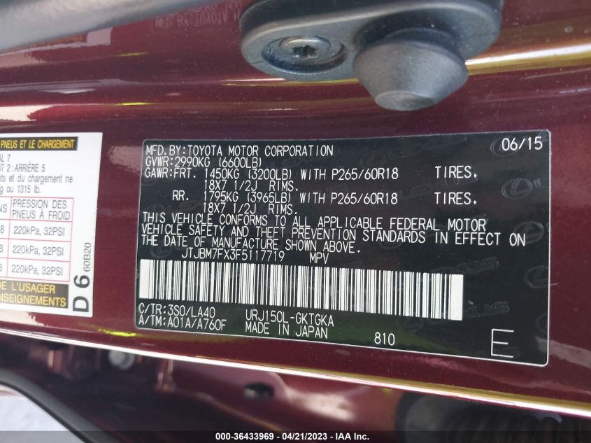2015 LEXUS GX 460 - JTJBM7FX3F5117719