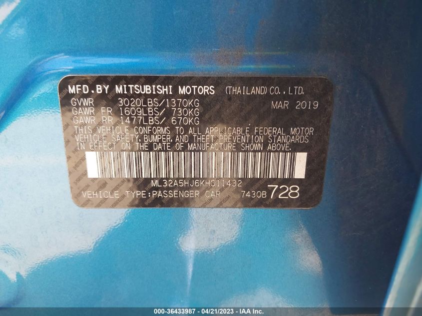 2019 MITSUBISHI MIRAGE GT/LE - ML32A5HJ6KH011432