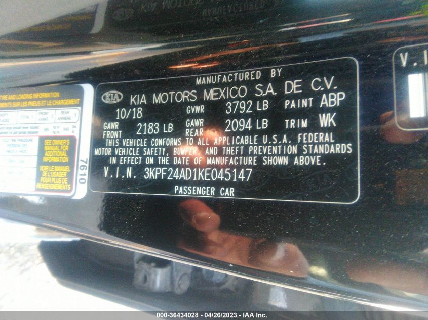 2019 KIA FORTE LXS - 3KPF24AD1KE045147