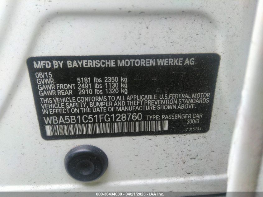 2015 BMW 5 SERIES 535I - WBA5B1C51FG128760