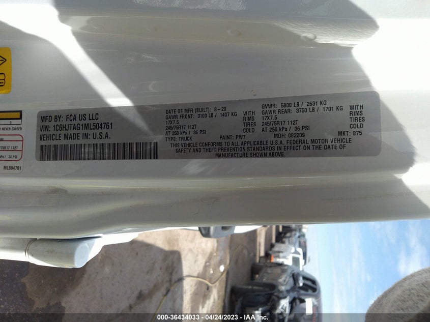 VIN 1C6HJTAG1ML504761 2021 JEEP GLADIATOR SPORT S