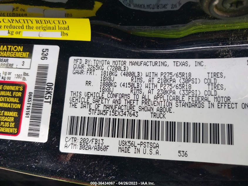 2014 TOYOTA TUNDRA 4WD TRUCK SR5 - 5TFDW5F15EX347643