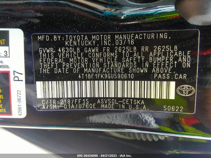 2016 TOYOTA CAMRY SE - 4T1BF1FK9GU590610