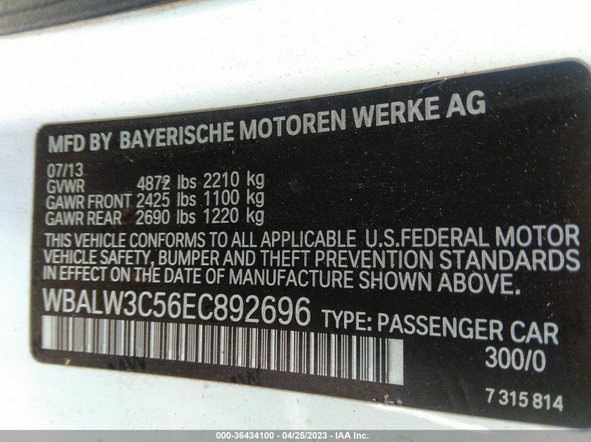 2014 BMW 6 SERIES 640I - WBALW3C56EC892696