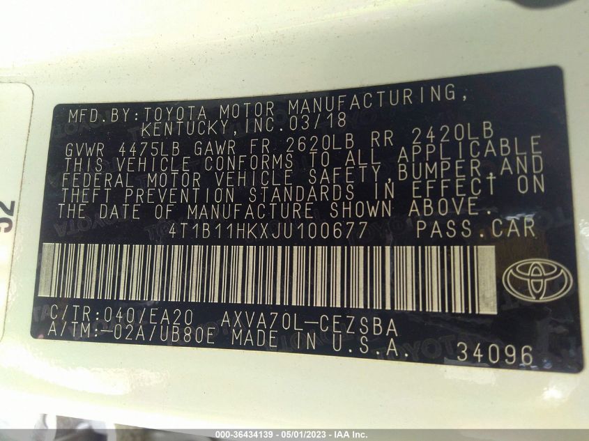 2018 TOYOTA CAMRY LE/SE/XLE/L - 4T1B11HKXJU100677