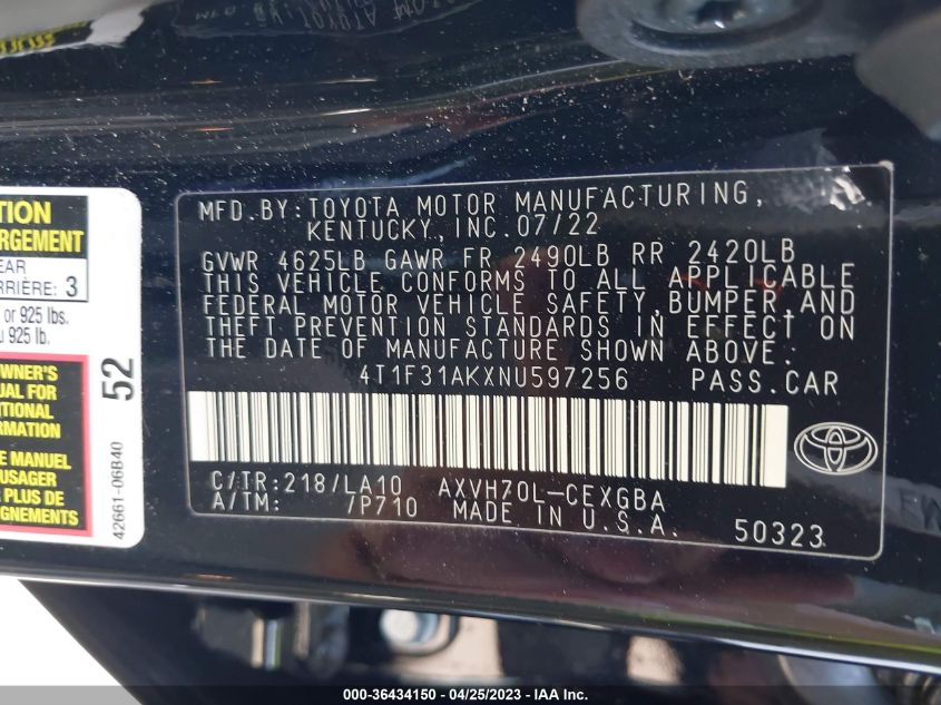 2022 TOYOTA CAMRY HYBRID XLE - 4T1F31AKXNU597256
