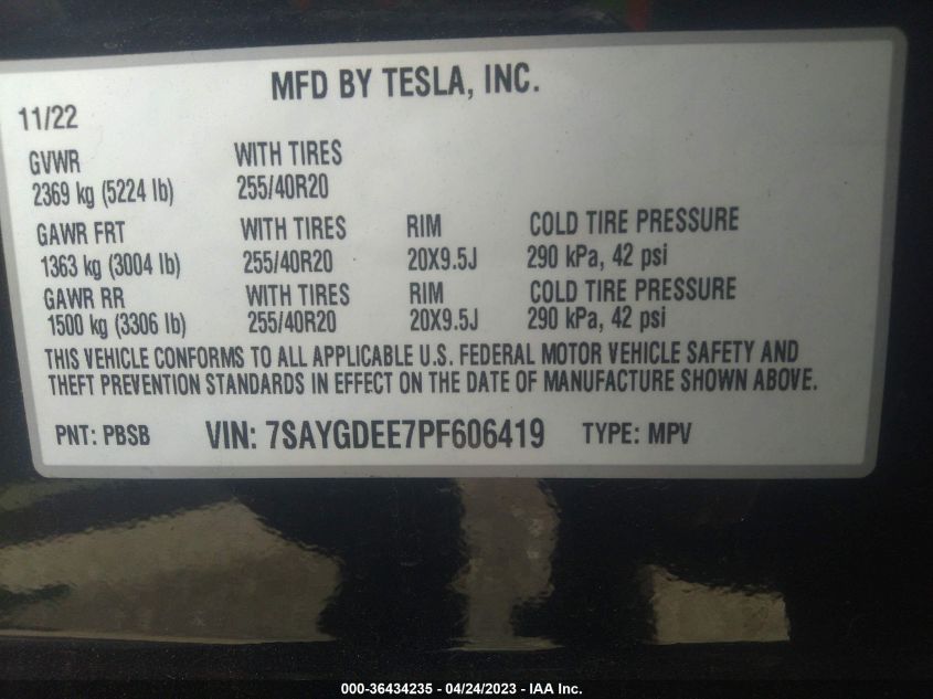 2023 TESLA MODEL Y LONG RANGE - 7SAYGDEE7PF606419