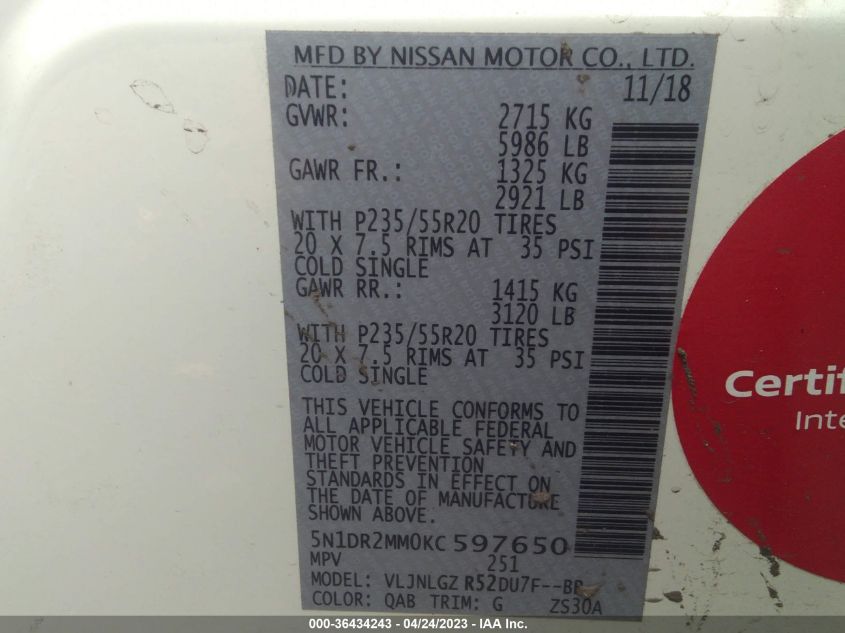 2019 NISSAN PATHFINDER SL - 5N1DR2MM0KC597650