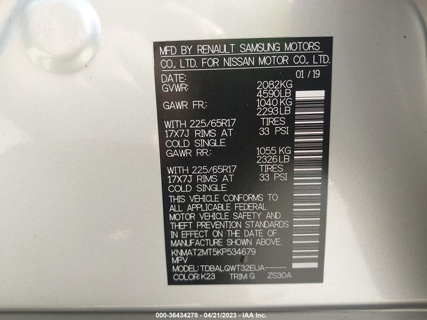 VIN KNMAT2MT5KP534679 2019 NISSAN ROGUE SV