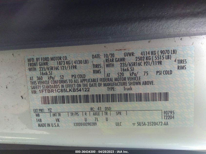 2020 FORD TRANSIT CARGO VAN - 1FTBR1C85LKB54122