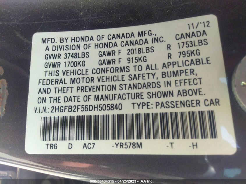 2013 HONDA CIVIC SDN LX - 2HGFB2F56DH505840