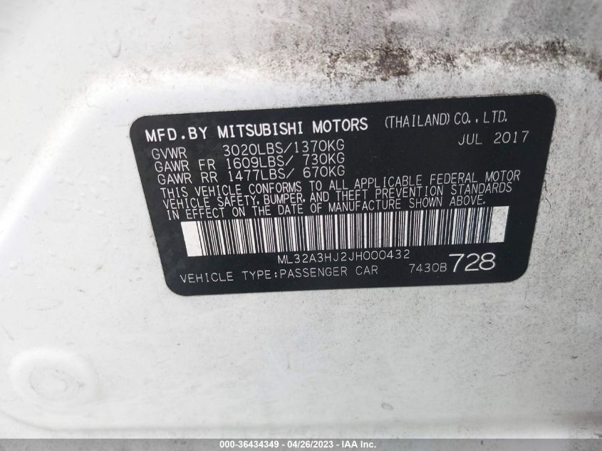 2018 MITSUBISHI MIRAGE ES - ML32A3HJ2JH000432