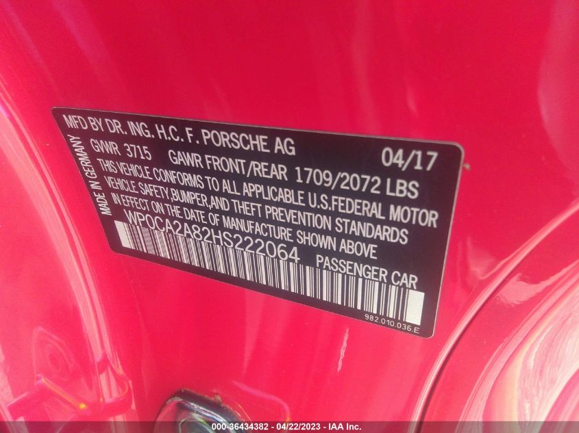 2017 PORSCHE 718 BOXSTER WP0CA2A82HS222064