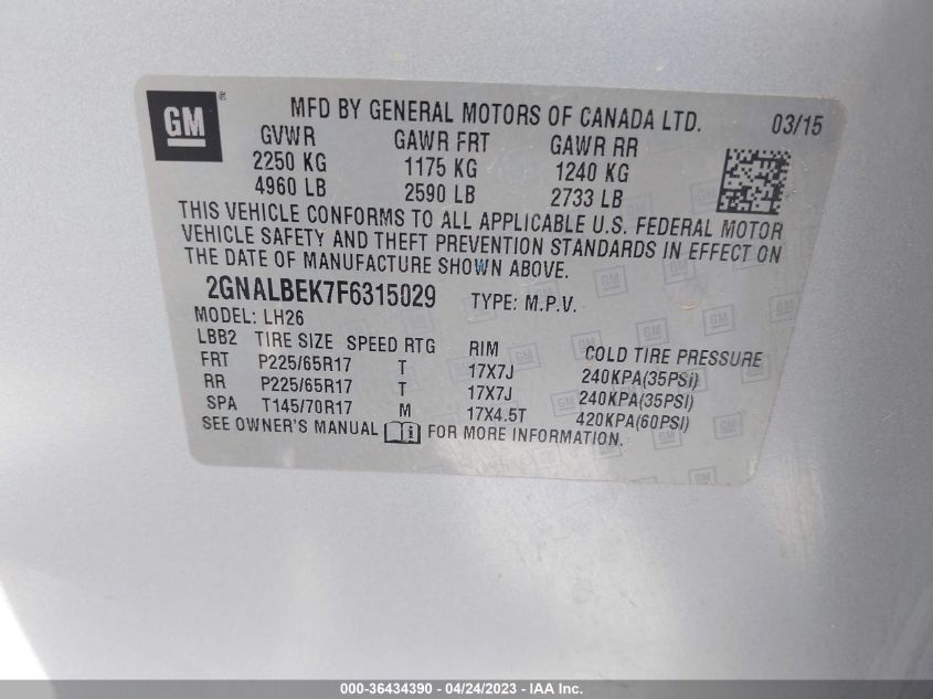 2015 CHEVROLET EQUINOX LT - 2GNALBEK7F6315029