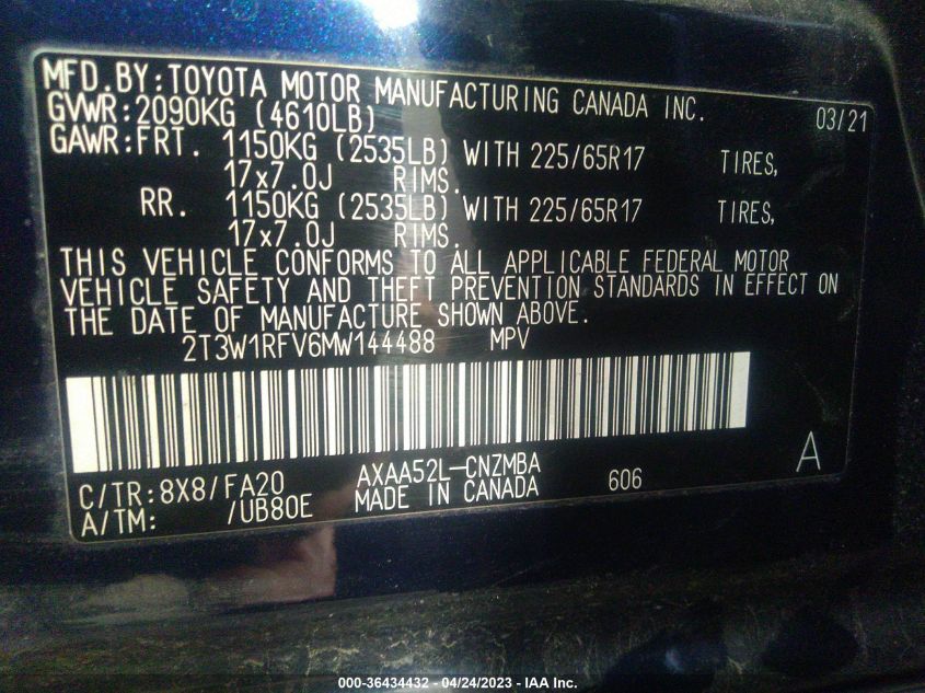 2021 TOYOTA RAV4 XLE - 2T3W1RFV6MW144488