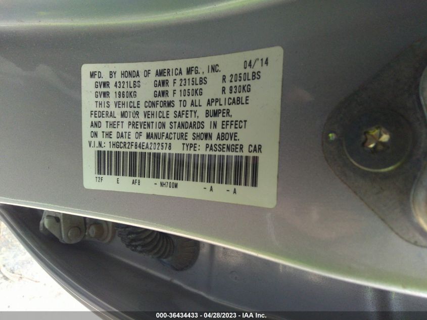 2014 HONDA ACCORD SEDAN EX-L - 1HGCR2F84EA202578