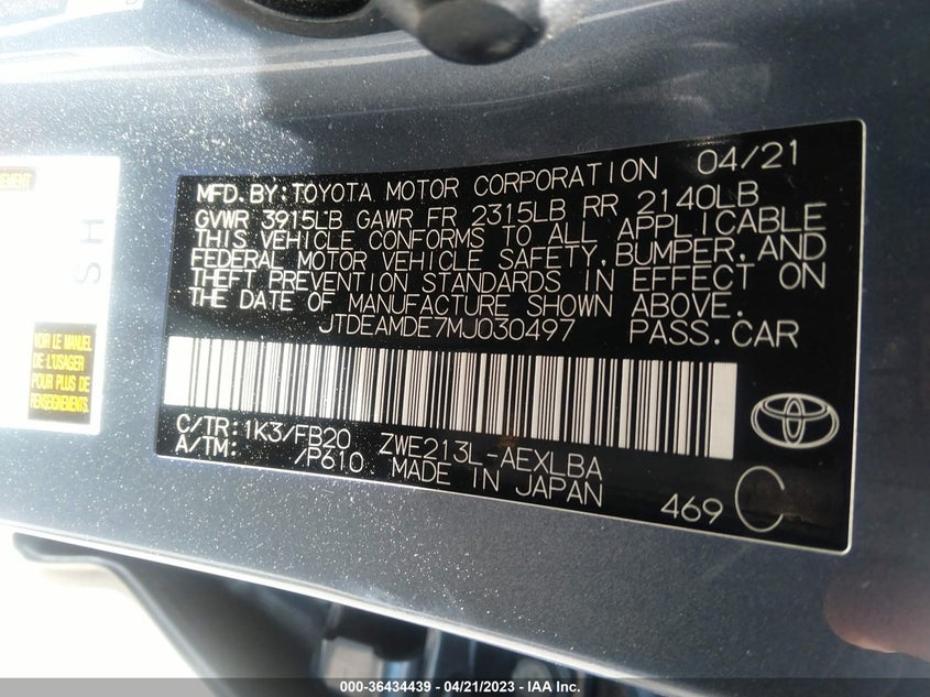 VIN JTDEAMDE7MJ030497 2021 TOYOTA COROLLA HYBRID LE