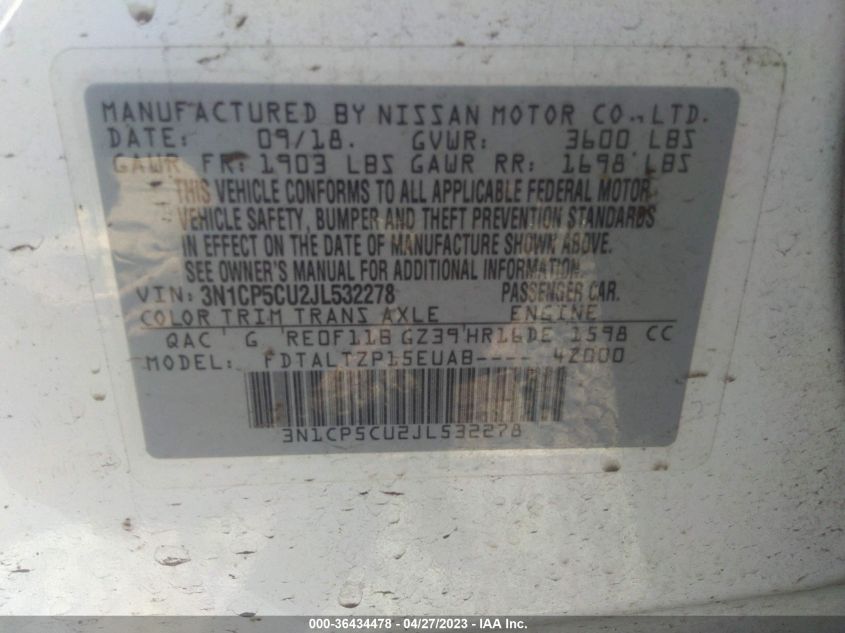 2018 NISSAN KICKS SR - 3N1CP5CU2JL532278