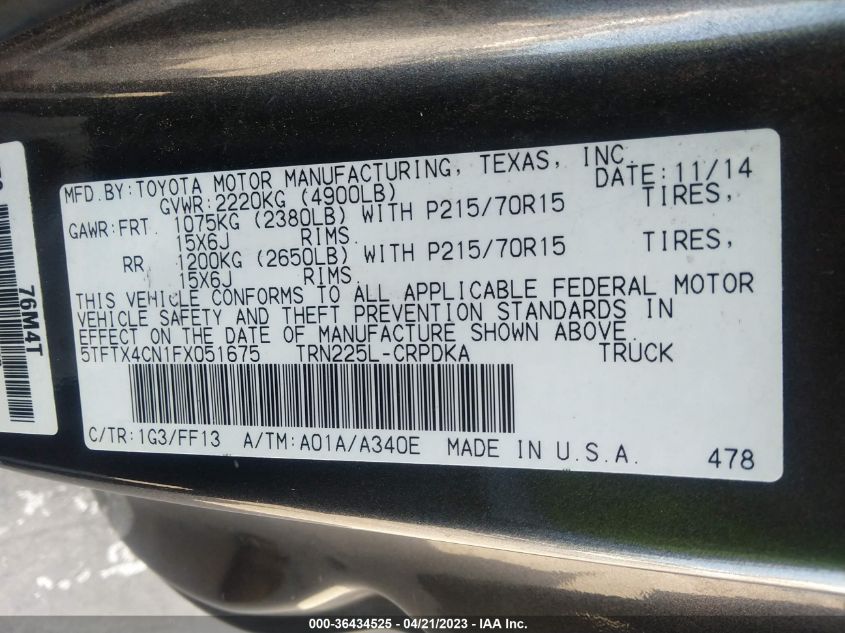 2015 TOYOTA TACOMA - 5TFTX4CN1FX051675