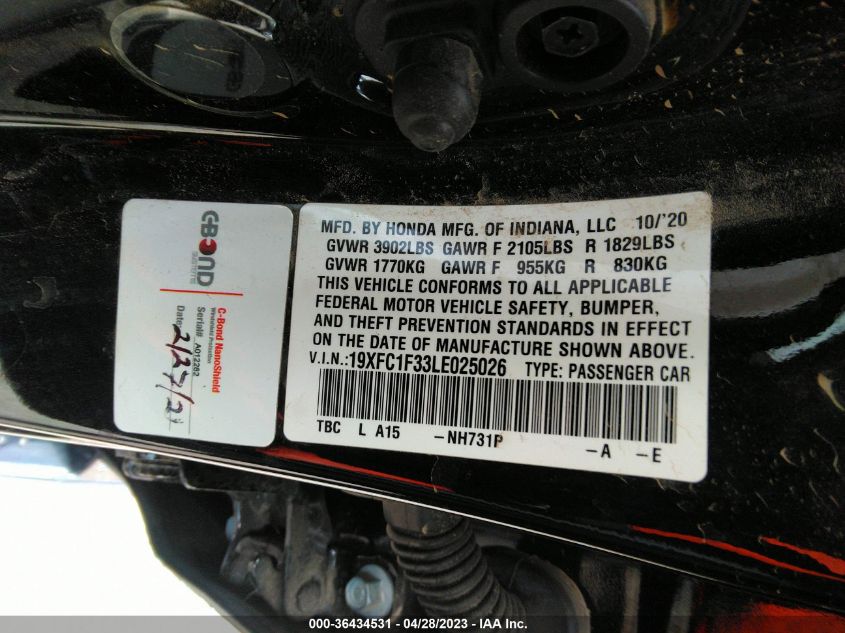 2020 HONDA CIVIC SEDAN EX - 19XFC1F33LE025026