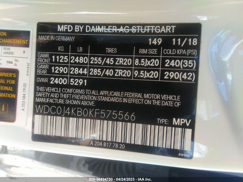 2019 MERCEDES-BENZ GLC GLC 300 - WDC0J4KB0KF575566