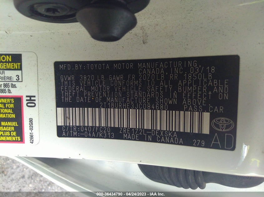 VIN 2T1BURHE3JC084680 2018 TOYOTA COROLLA SE