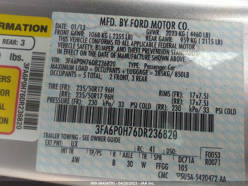 2013 FORD FUSION SE - 3FA6P0H76DR236820