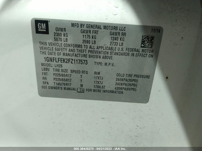 2015 CHEVROLET EQUINOX LT - 1GNFLFEK2FZ117573