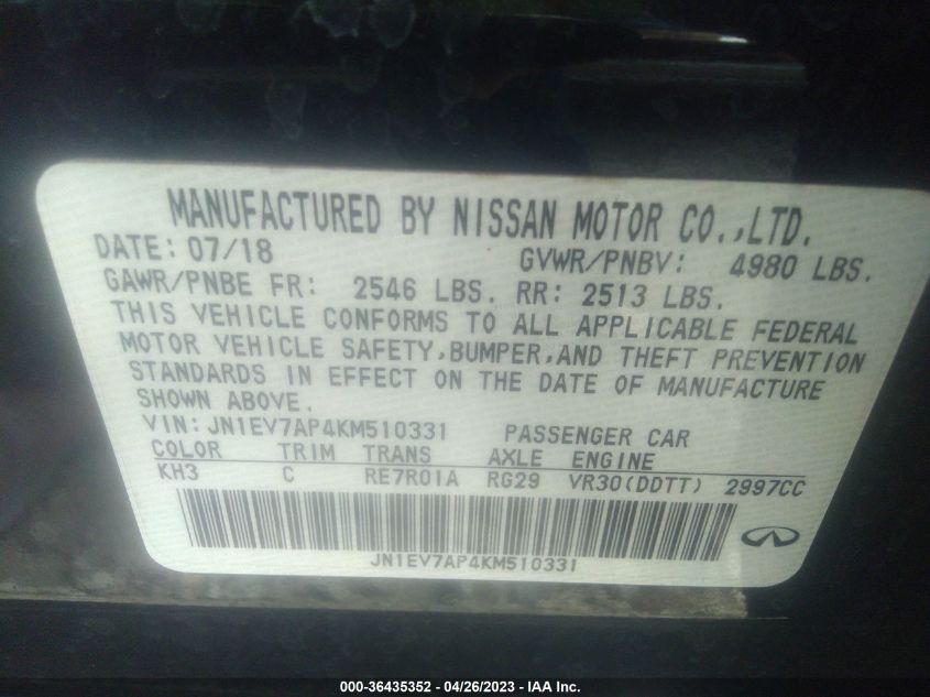 2019 INFINITI Q50 3.0T LUXE - JN1EV7AP4KM510331