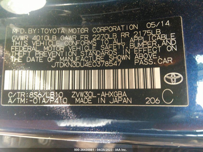 2014 TOYOTA PRIUS FOUR/FIVE/THREE/ONE/TWO - JTDKN3DU4E0378547