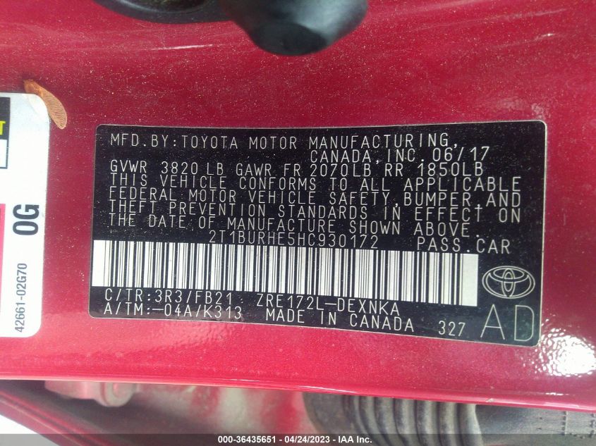 2017 TOYOTA COROLLA L/LE/XLE/SE - 2T1BURHE5HC930172