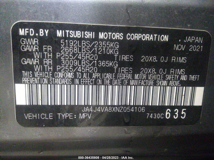 2022 MITSUBISHI OUTLANDER SEL - JA4J4VA8XNZ054106