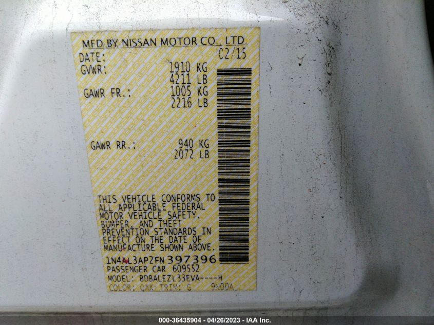 2015 NISSAN ALTIMA 2.5 S - 1N4AL3AP2FN397396