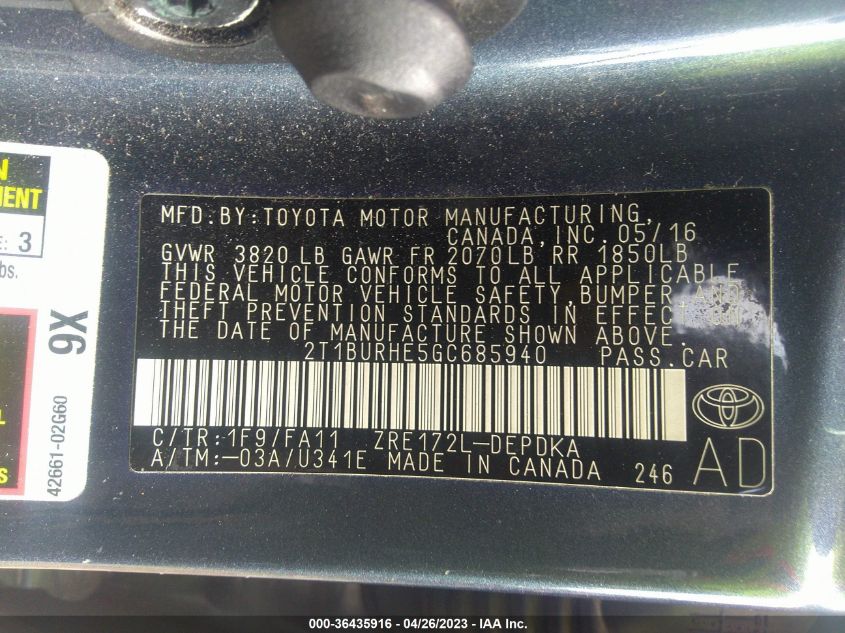 2016 TOYOTA COROLLA L/LE/S/S PLUS/LE PLUS - 2T1BURHE5GC685940