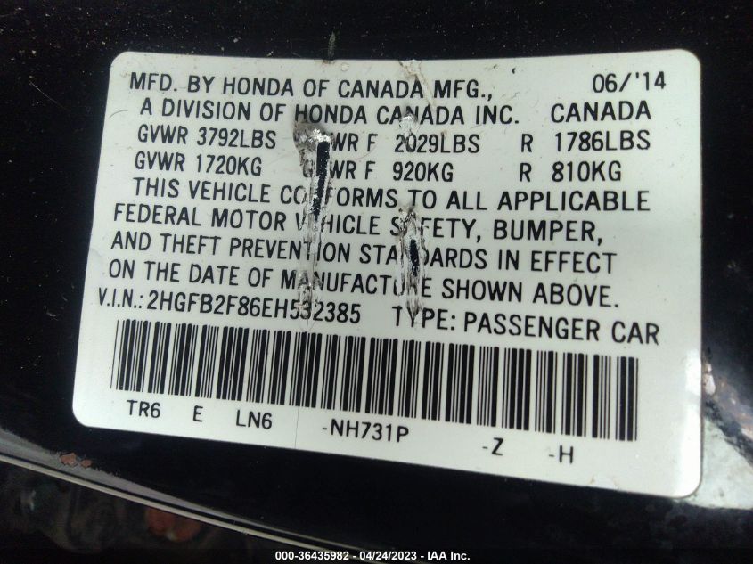 2014 HONDA CIVIC SEDAN EX - 2HGFB2F86EH532385