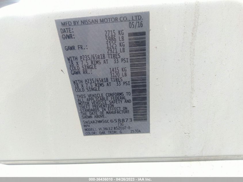 2016 NISSAN PATHFINDER SV - 5N1AR2MM5GC658873