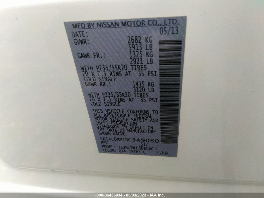 2013 INFINITI JX - 5N1AL0MM1DC349080