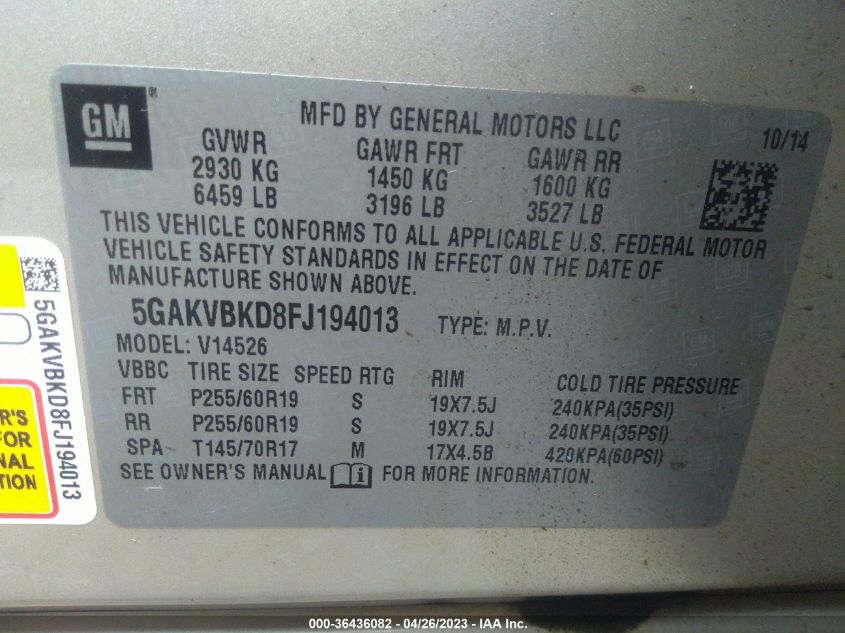 2015 BUICK ENCLAVE LEATHER - 5GAKVBKD8FJ194013