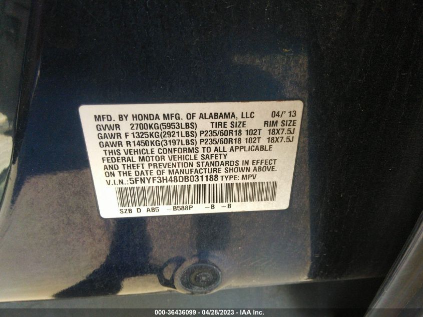 2013 HONDA PILOT EX - 5FNYF3H48DB031188