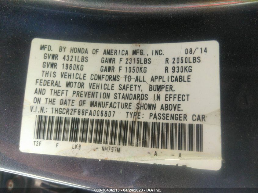 2015 HONDA ACCORD SEDAN EX-L - 1HGCR2F88FA006807