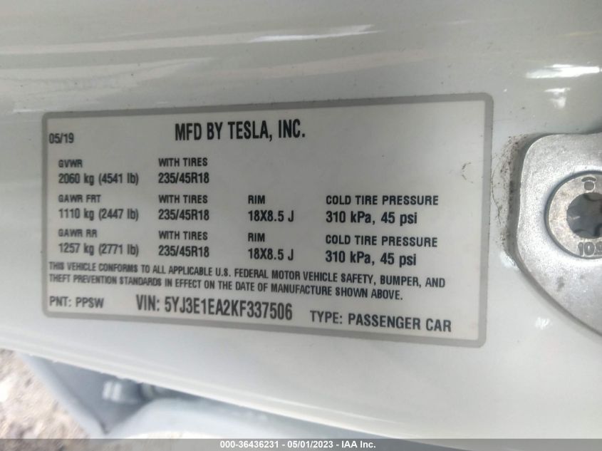 2019 TESLA MODEL 3 RANGE - 5YJ3E1EA2KF337506