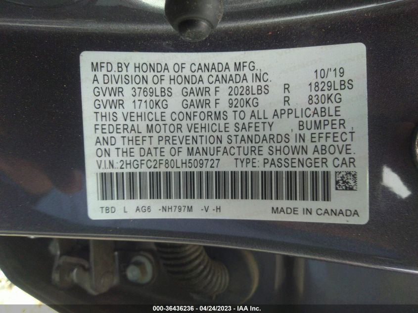 2020 HONDA CIVIC SEDAN SPORT - 2HGFC2F80LH509727