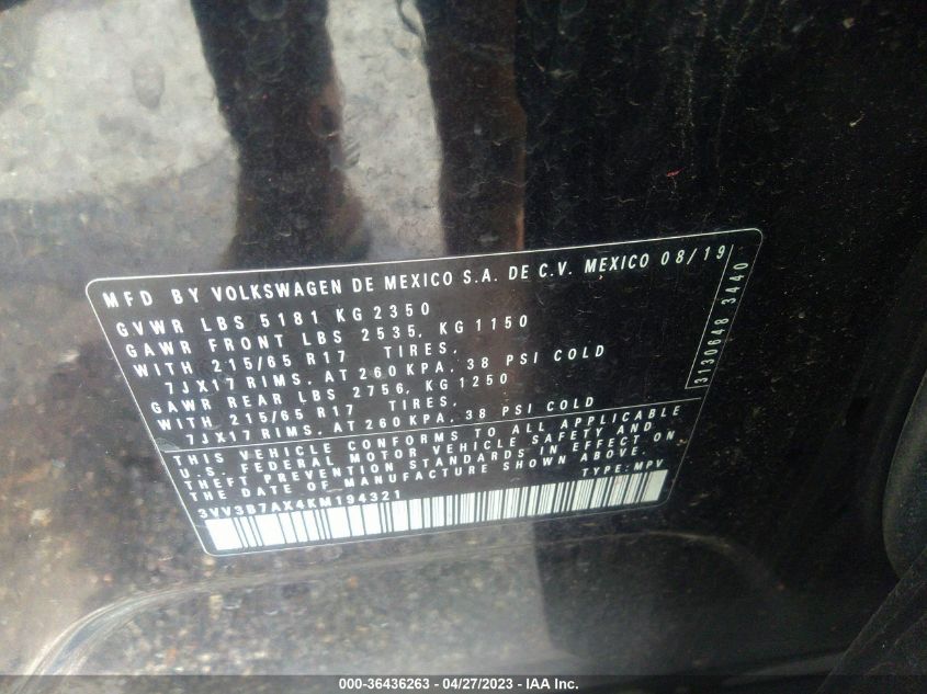 2019 VOLKSWAGEN TIGUAN SE/SEL/SEL R-LINE - 3VV3B7AX4KM194321