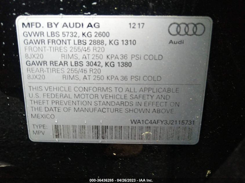 2018 AUDI SQ5 PRESTIGE WA1C4AFY3J2115731