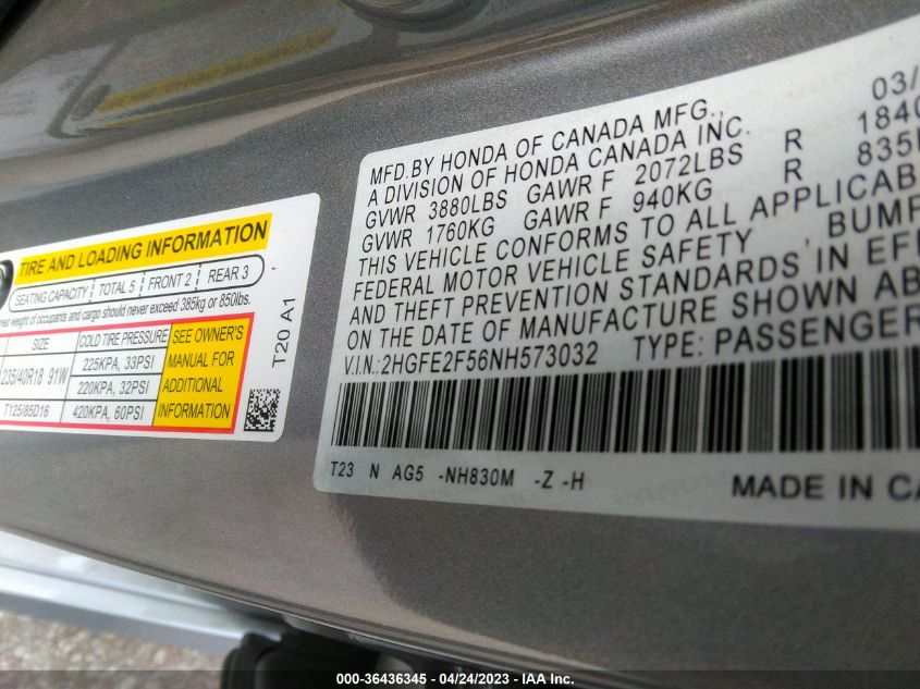 2022 HONDA CIVIC SEDAN SPORT - 2HGFE2F56NH573032