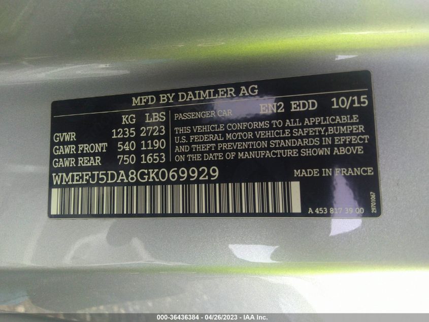 2016 SMART FORTWO PASSION/PURE/PRIME/PROXY WMEFJ5DA8GK069929