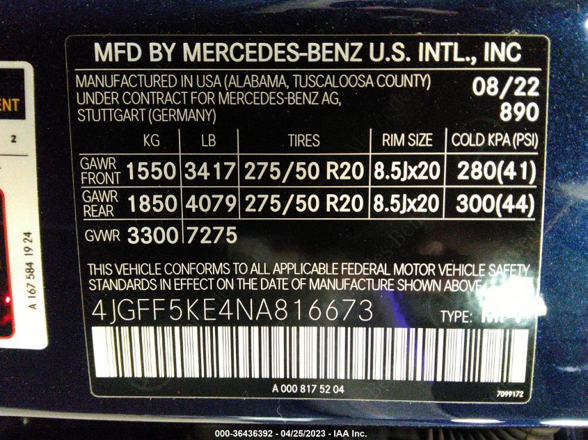 2022 MERCEDES-BENZ GLS GLS 450 - 4JGFF5KE4NA816673