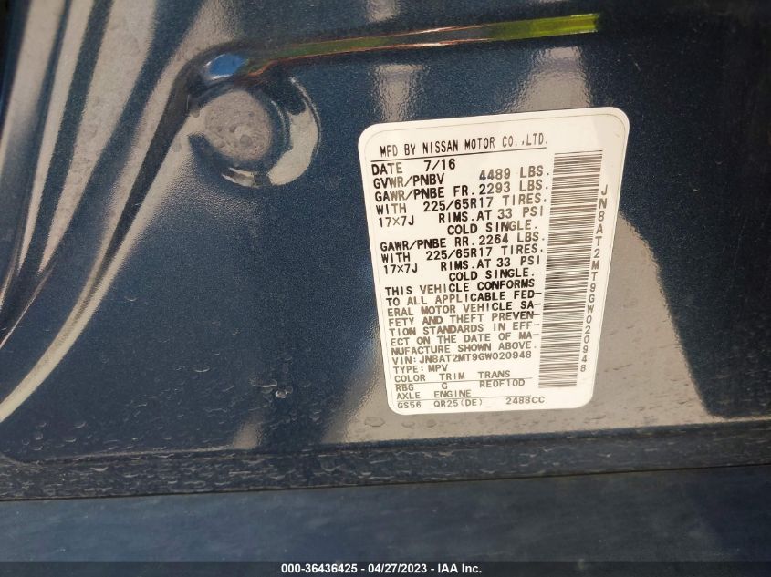 2016 NISSAN ROGUE S - JN8AT2MT9GW020948