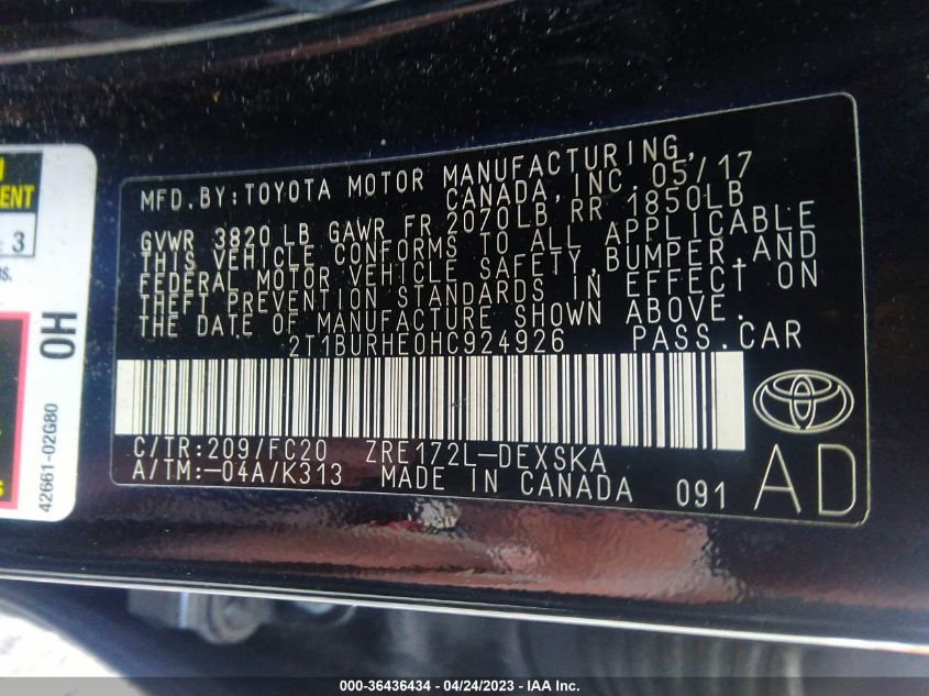 2017 TOYOTA COROLLA L/LE/XLE/SE - 2T1BURHE0HC924926