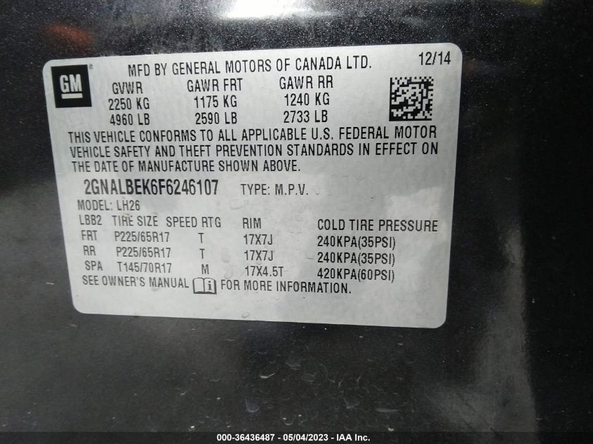 2015 CHEVROLET EQUINOX LT - 2GNALBEK6F6246107